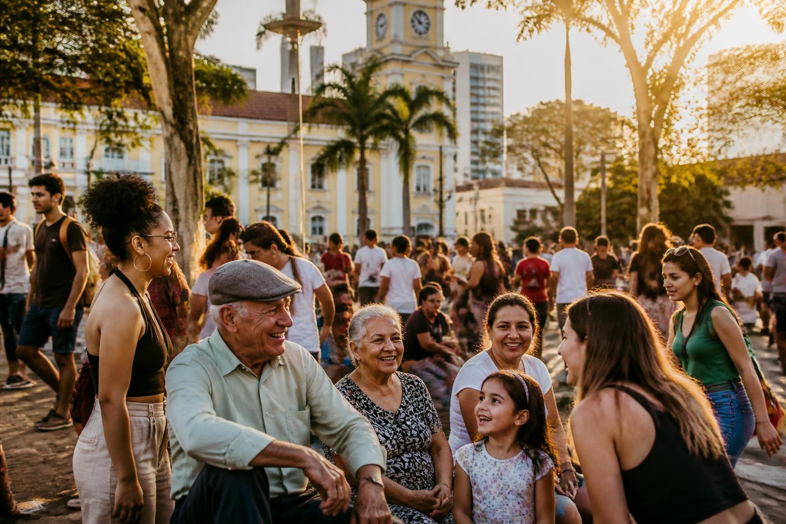 Famílias e moradores convivendo em segurança na praça central